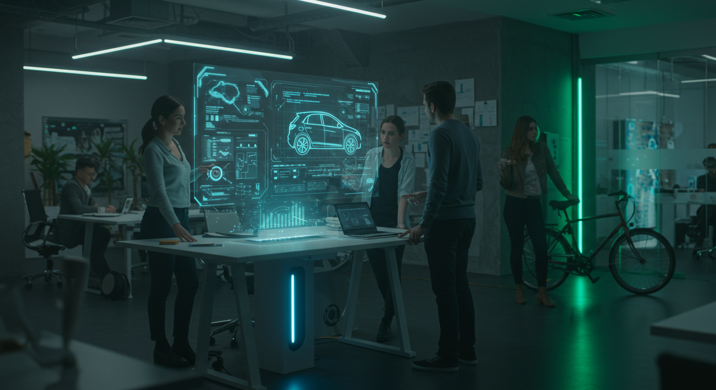 Equipa diversificada a colaborar num escritório de tecnologia moderno